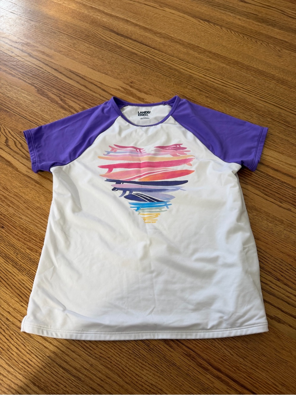 Lands' End White Tee with Purple Raglan Sleeves and Multicolor Heart